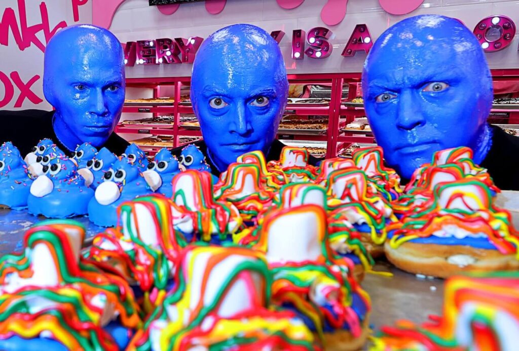 Pinkbox Doughnuts Blue Man Group appearance downtown Las Vegas at Plaza Hotel