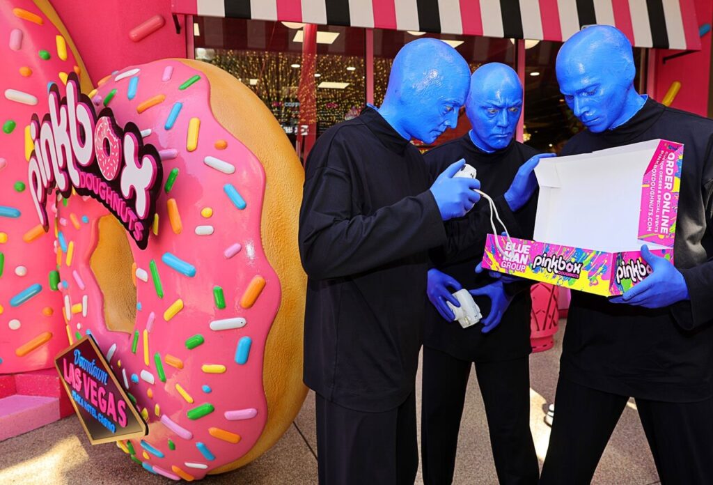 Pinkbox Doughnuts Blue Man Group appearance downtown Las Vegas at Plaza Hotel